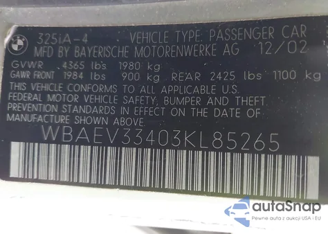 2003 BMW 325I from USA, damaged, VIN WBAEV33403KL85265